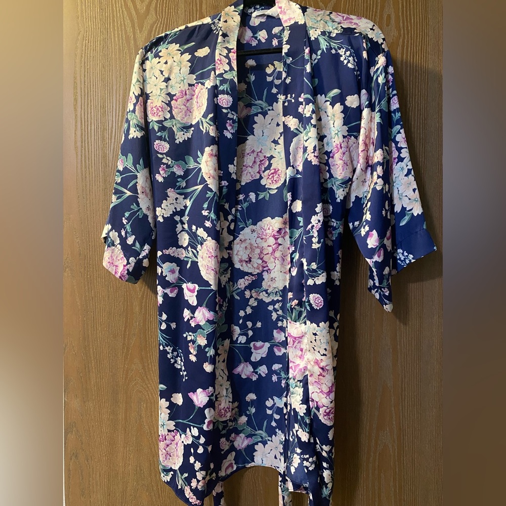 Flora Navy Satin Robe